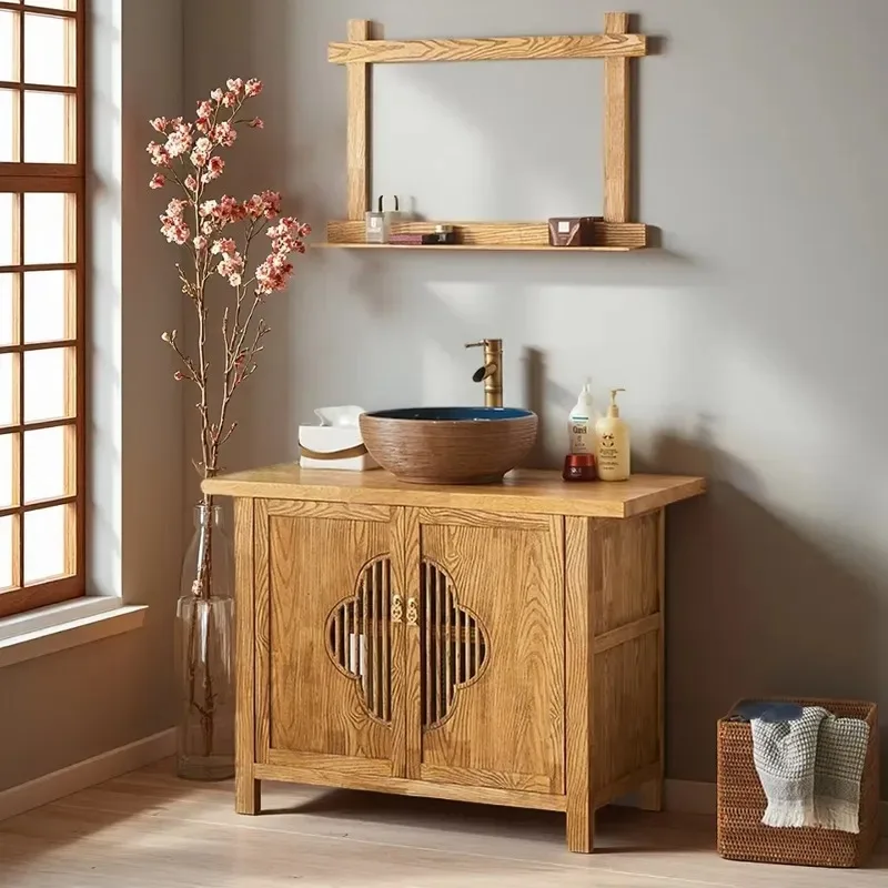 Style Solid Wood Bathroom Cabinet Antique Weathered Old Elm Washbasin Vanity Sink Storage Unit for Modern Home