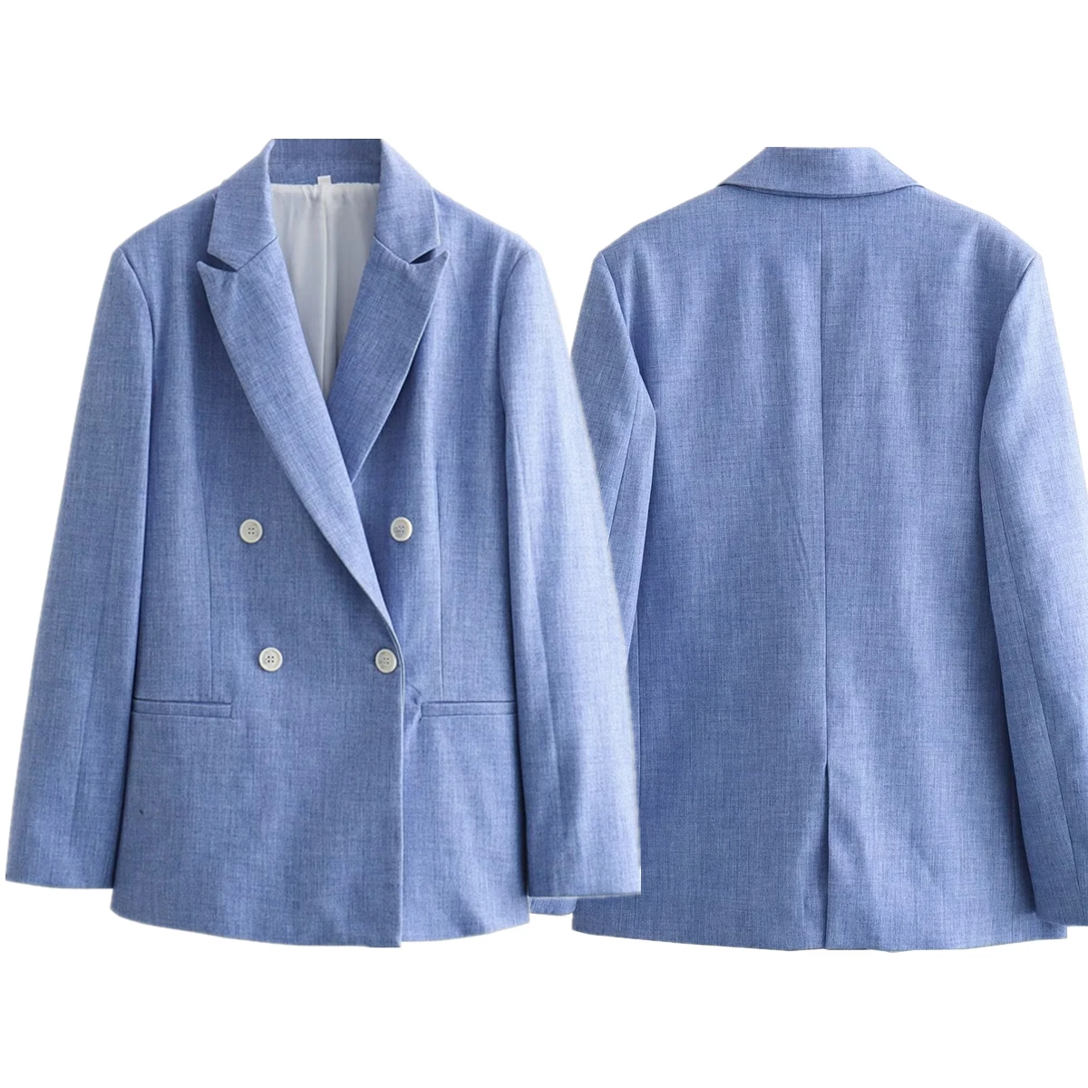 Withered Minimalism Suits Sky Blue Blazers Women Casual Double Breasted Straight Jacket Blazers Women Tops