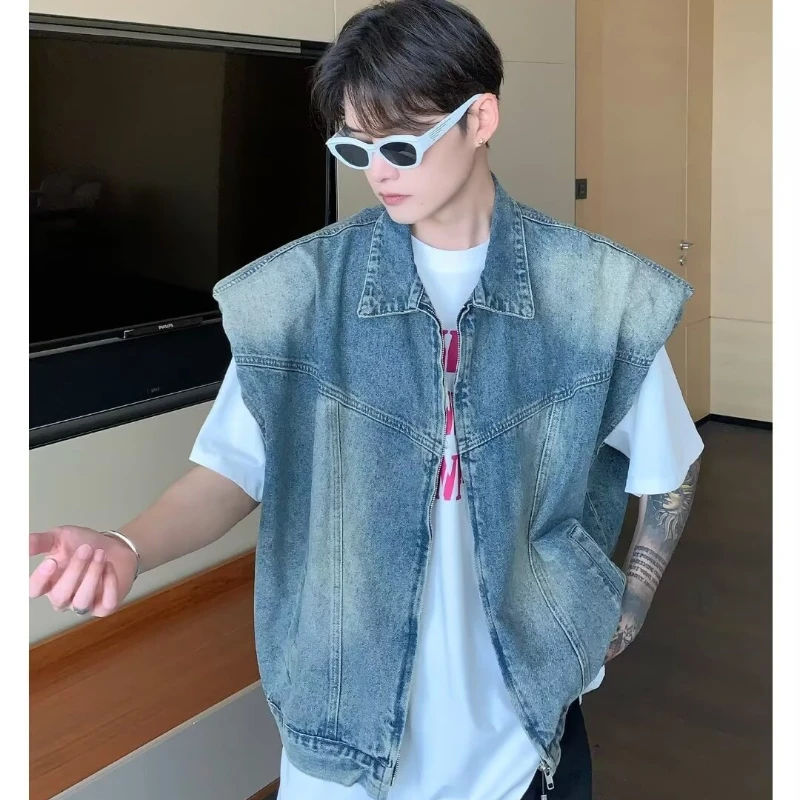 American Sleeveless Denim Jacket Mens Hip Hop Trend Washed Loose Cowboy Vest Y2K Gradient Zipper Lapel Street Punk Couples Tops