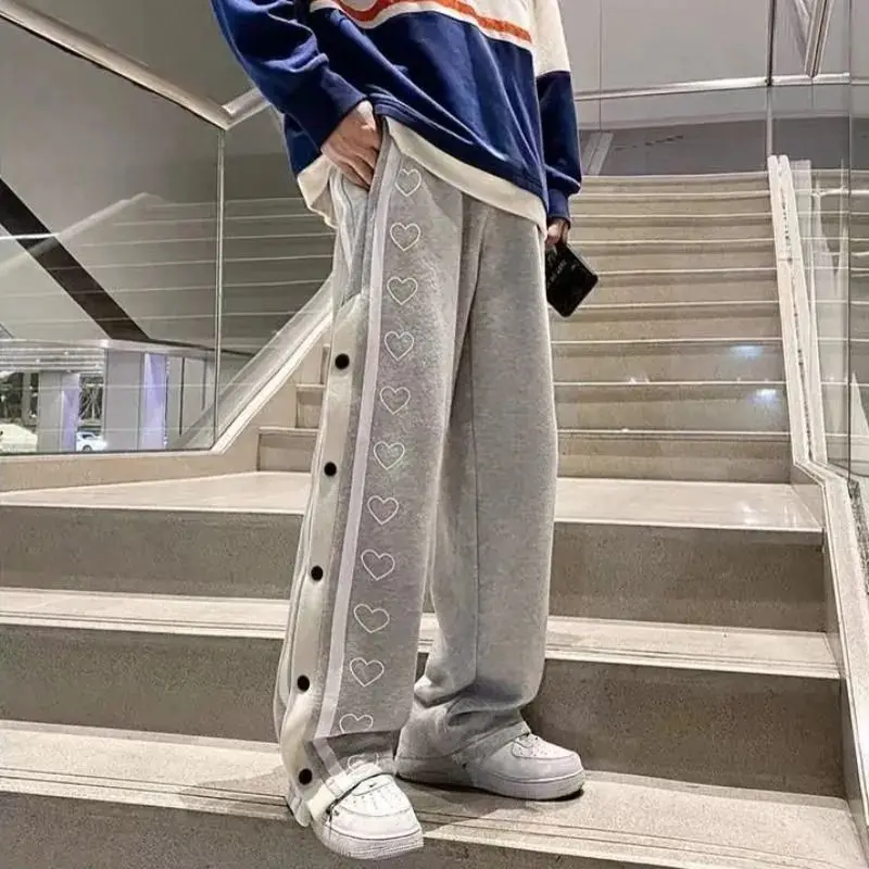 Black Hippie Pants Women Y2K Oversized Fashion Love Button Baggy Sweatpants Streetwear Straight Wide Leg Trousers Korean Style