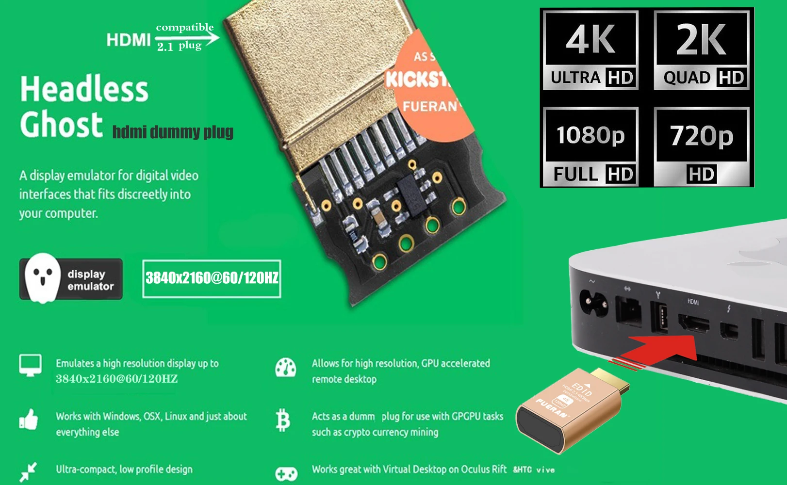 FUERAN HDMI 2.1 Dummy Plug 4K@120 هرتز محاكي العرض الافتراضي، محول مقطوعة الرأس، محول عرض HDMI، يدعم 3840x2160@120 هرتز، #4