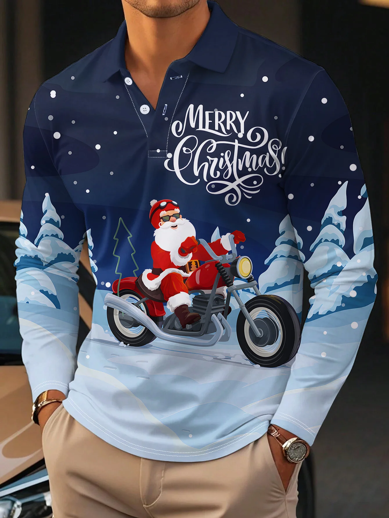 Men's Holiday Themed Long Sleeve Polo Shirt, Christmas Print Collection, Ideal for Festive Gatherings and Special Occasions
