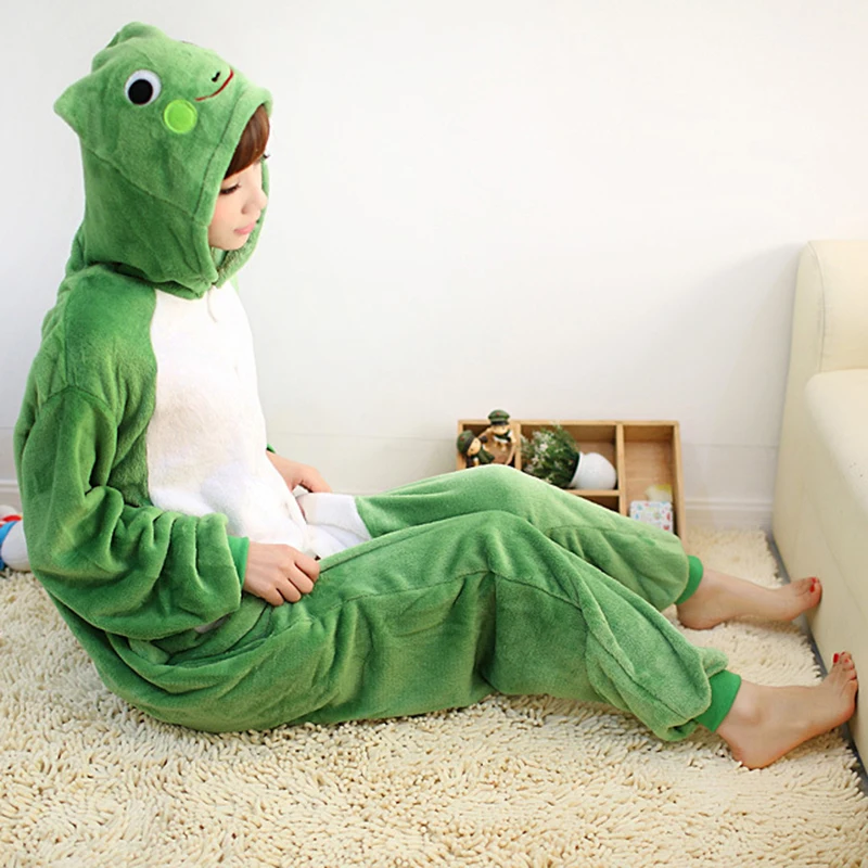 Green Frog Onesie Adults Kids Animal Costume Unisex Women\'s Pajamas Set Cosplay Halloween Christmas One Piece Plush Sleepwear