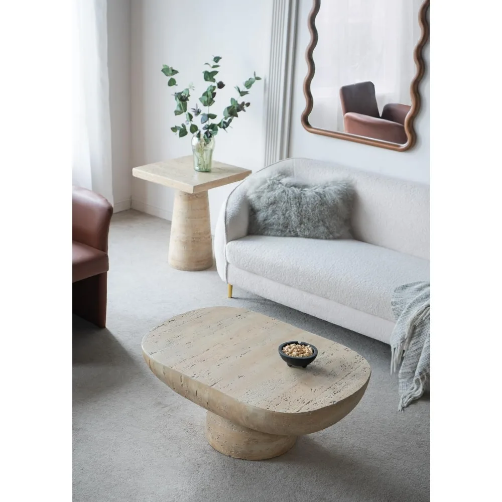 Mesa de Centro Ovalada de 36 Pulgadas, Moderna, con Aspecto de Piedra, Mesa de Té de Travertino para Sala de Estar, Magnesio, Personalizable