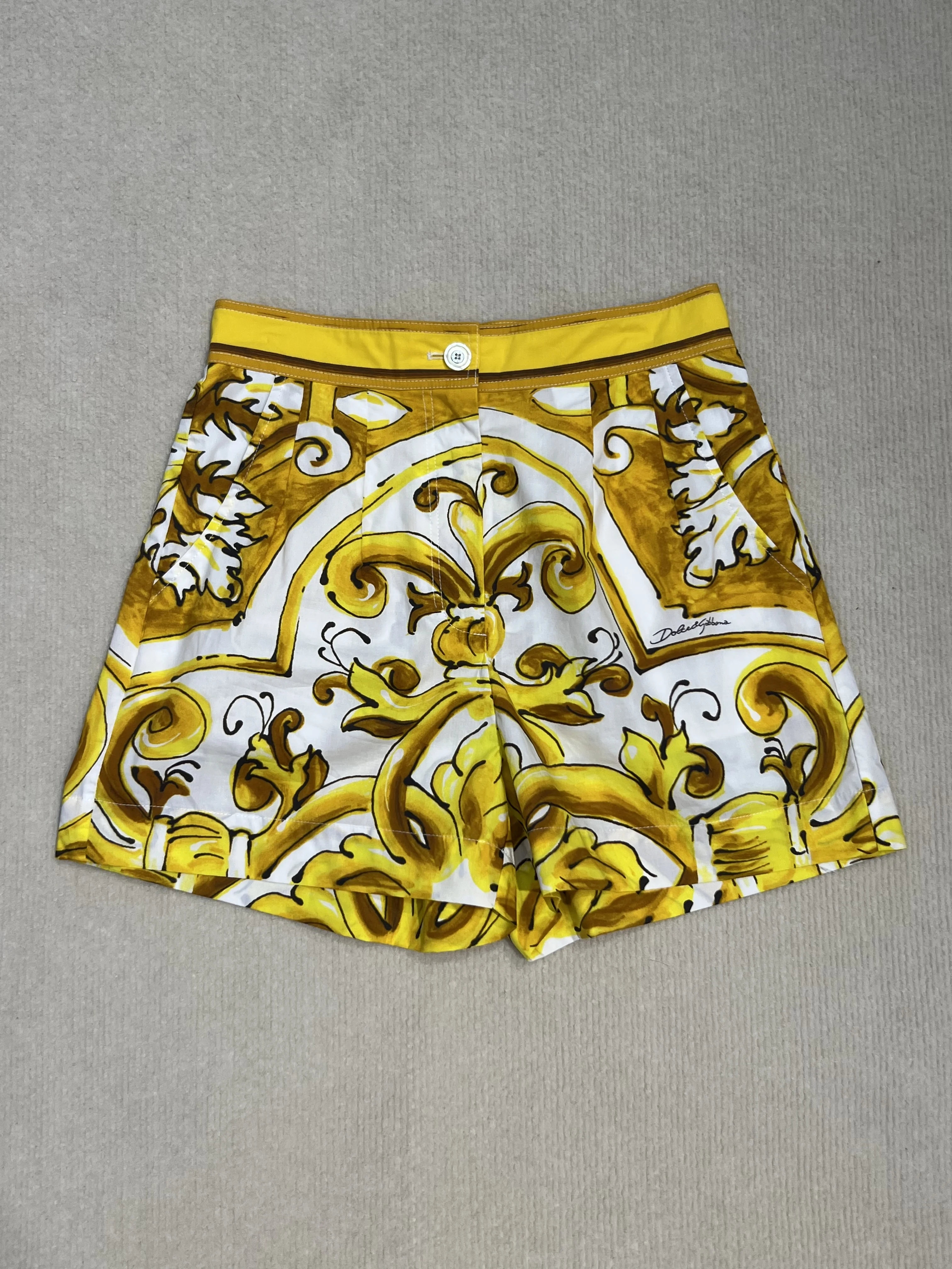 Women\'s Yellow Porcelain Print Shorts, 100% Cotton, Bohemian, Summer, 2024