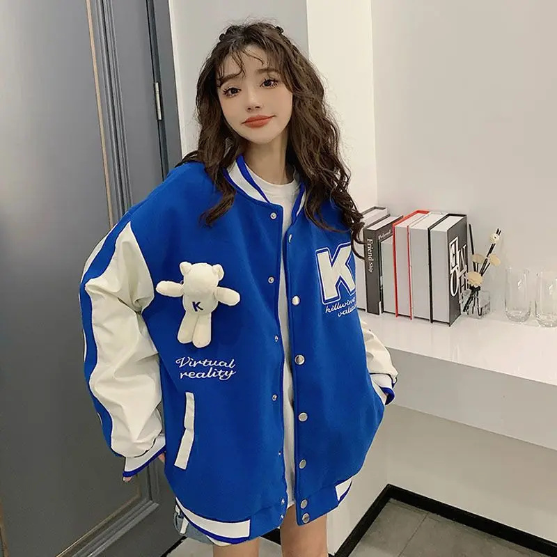 Baseball Jacket Women Autumn New American Retro Klein Blue High Street Loose Color Block Long Sleeve Jacket