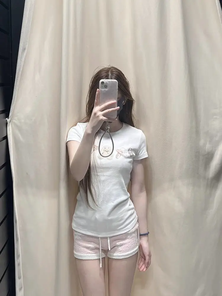 2025 الأبيض أرنب طباعة جولة الرقبة الكتف قصيرة الأكمام تي شيرت المرأة الصيف جديد الحلو سليم صالح التخسيس البنطال القصير #3