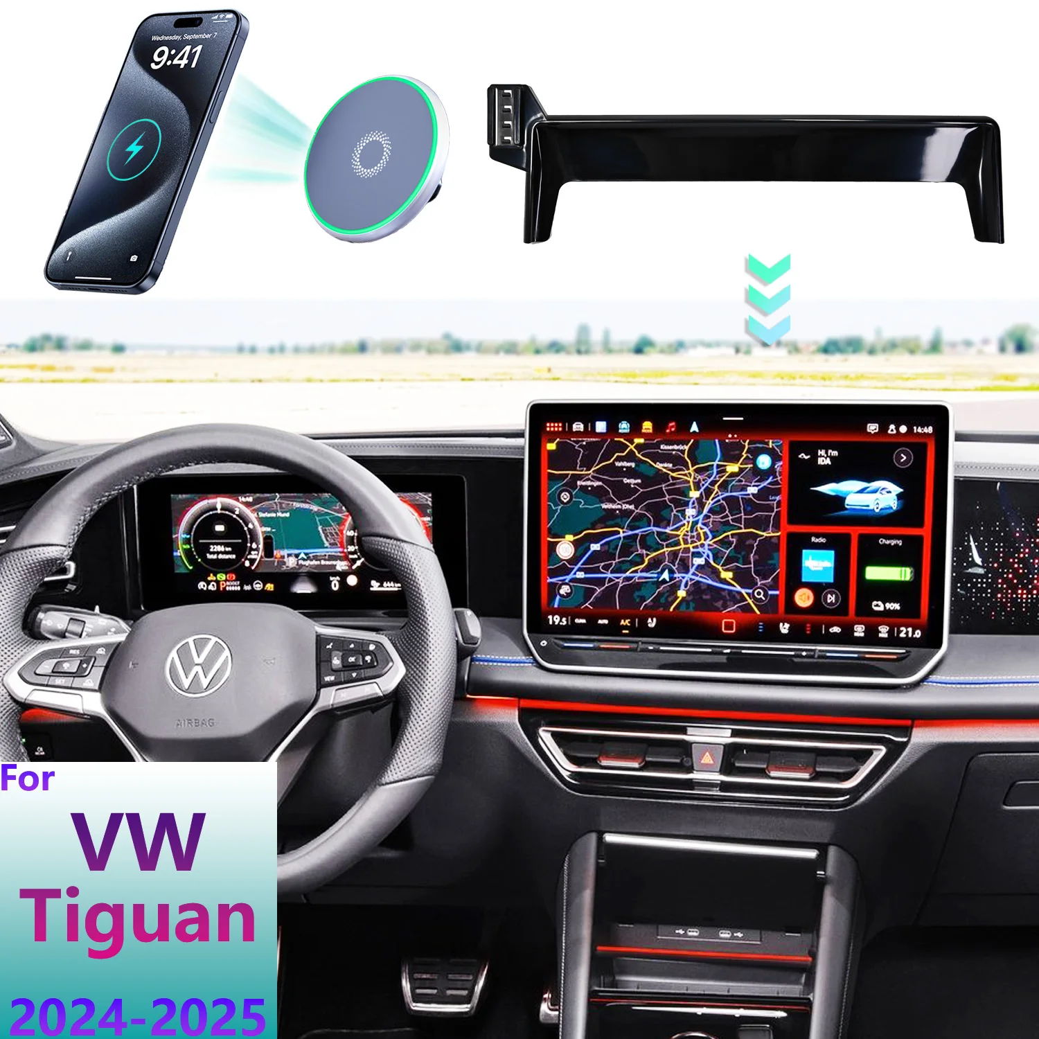 For Volkswagen Tiguan 2024 2025 Phone Holder Car Magnetic MagSafe Wireless Charging Mobile Phone Mount 15