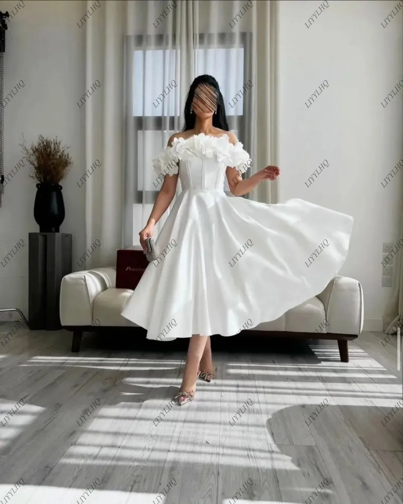 LIYYLHQ White Prom Dresses Stain Pleated Flowers Party Dresses Sleeveless Tea Length Off The Shoulder Flowers Evening Dresses