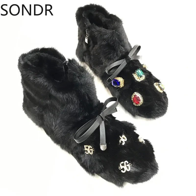 Womens Round Toe Rainbow Diamond Real Mink Fur Ankle Boots Snow Warm Winter Shoes Thick Furry Black Luxury New 2024