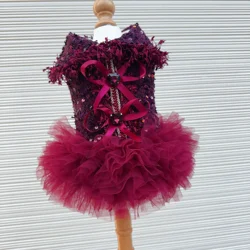 Luxury Wine Red Pet Dog Clothes Autumn Winter new Crystal Bow Lace Tutu Dresses For Small Medium Dog Chihuahua Puppy Overalls