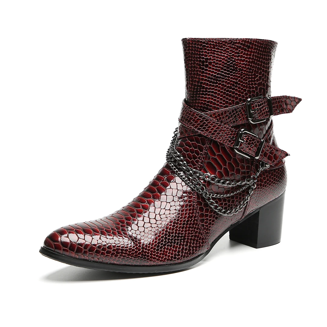 Herren-Stiefeletten aus burgunderrotem Schlangenleder: Kette, Schnallen, Reißverschluss, Blockabsatz | Partys, Bühne, Straße | Rock-Punk-Stil – Detail 7