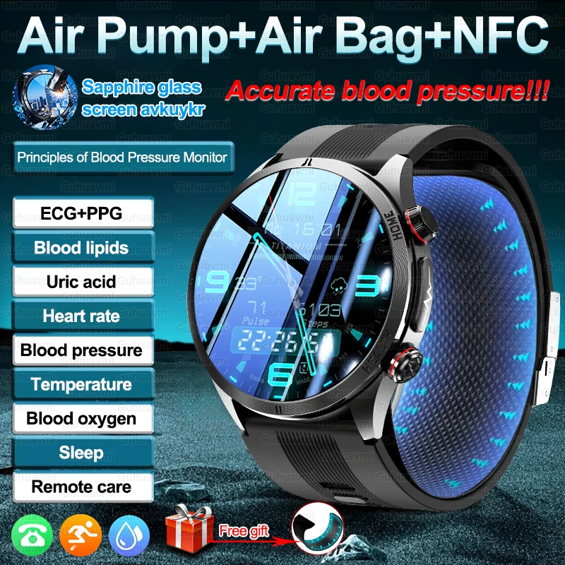 

New Air Pump Airbag True Blood Pressure Health Measure NFC Smart Watches Men Micro Physical Examination Fitness Sport SmartWatch