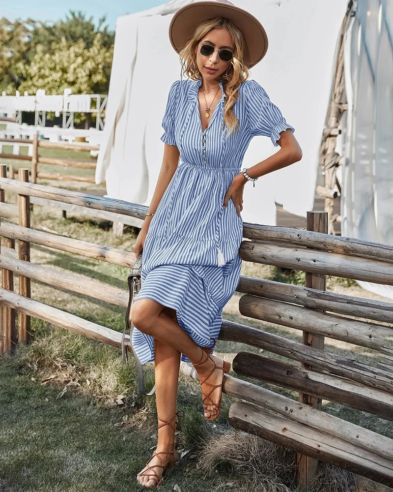 Women Elegant Striped Lantern Sleeve Summer Dress Causal V-neck Button Ruffles Midi Dress 2025 Women Beach Holiday Party Dress - AliExpress 200000345 Women Elegant Striped Lantern Sleeve Summer Dress Causal V-neck Button Ruffles Midi Dress 2025 Women Beach Holiday Party Dress - AliExpress 200000345