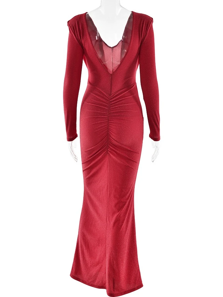 Women Deep V-neck Backless Red Wedding Dress Ladies Goown Elegant Full Sleeve High Waist Tunics Slim Long Cocktail Party Dresses