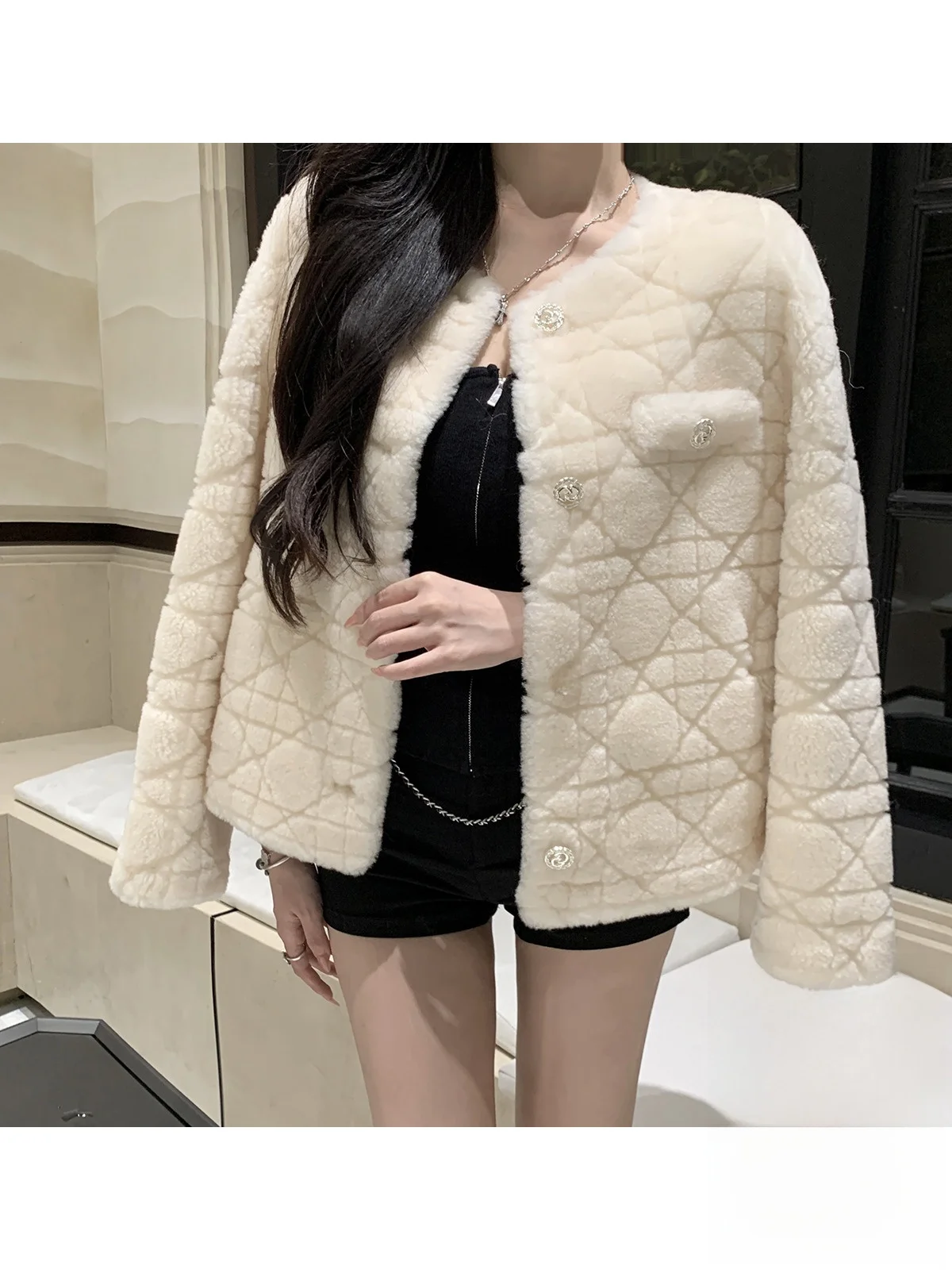 

Kubiliv 00% Wool Fur Jaet Small Fraance Sle round Ne Long Sve Commute Wind Korean Version Leather And Wool Inte...