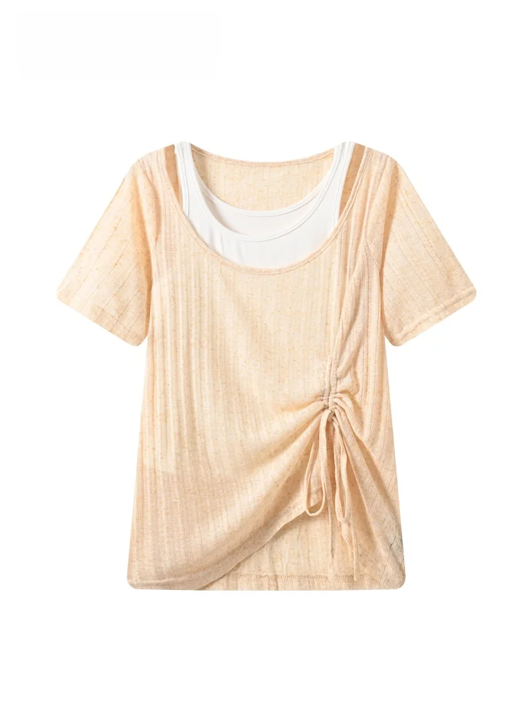 

Summer New plus Size Women's T-shirt Cara CLUB Short Sleeve Drawstring Top Splice Design Fake Two-Piece Style Comfortable Fit