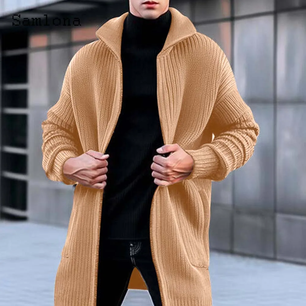 

Samlona 2023 New Knitting Sweaters Winter Warm Cardigans Mens Turtleneck Top England Fashion Knit Sweater Men Long Trench Coats