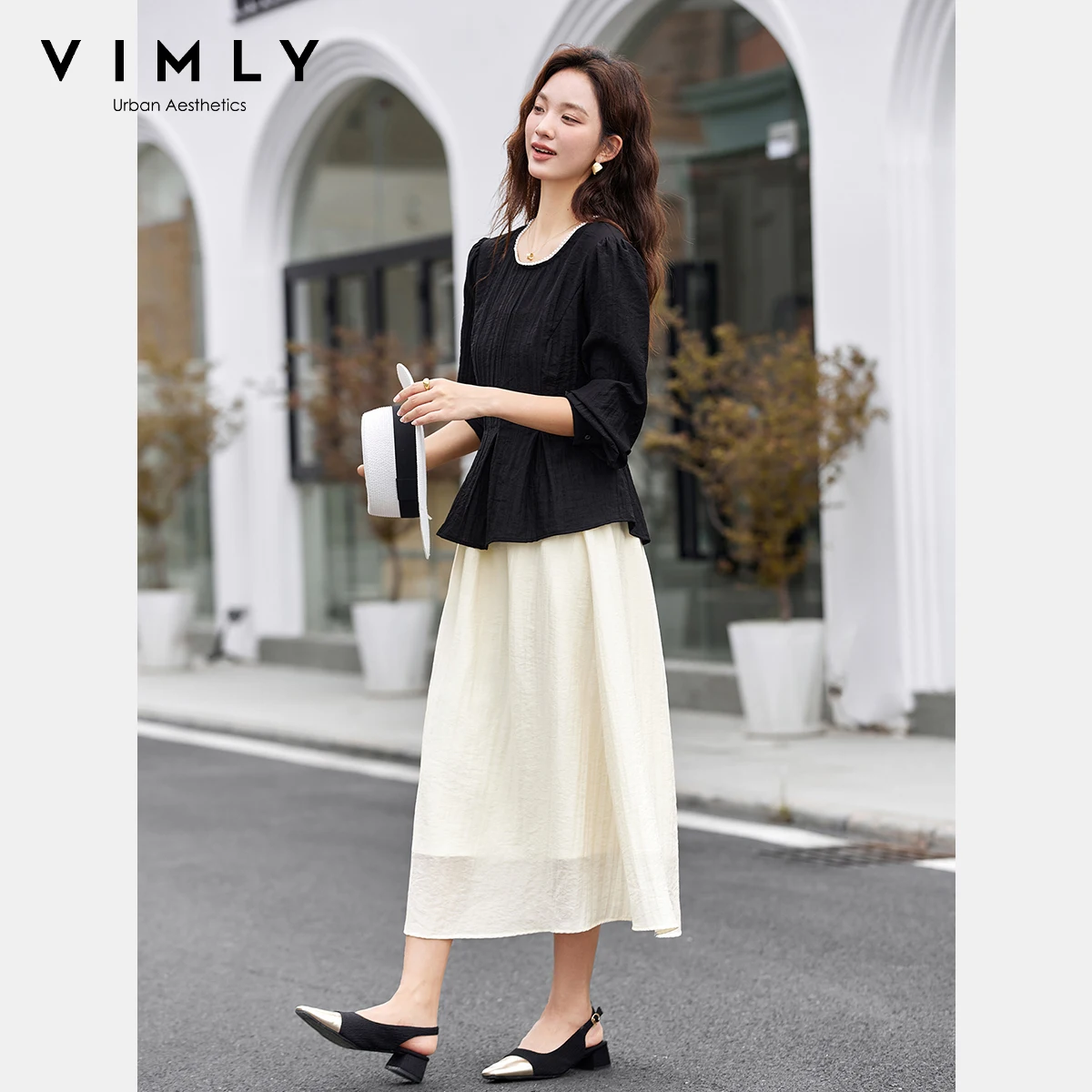VIMLY Elegant Female Black Skirts Sets Crew Neck Long Sleeve Tops Midi Skirts Autumn 2026 New Casual Ladies Two Piece Sets A2899