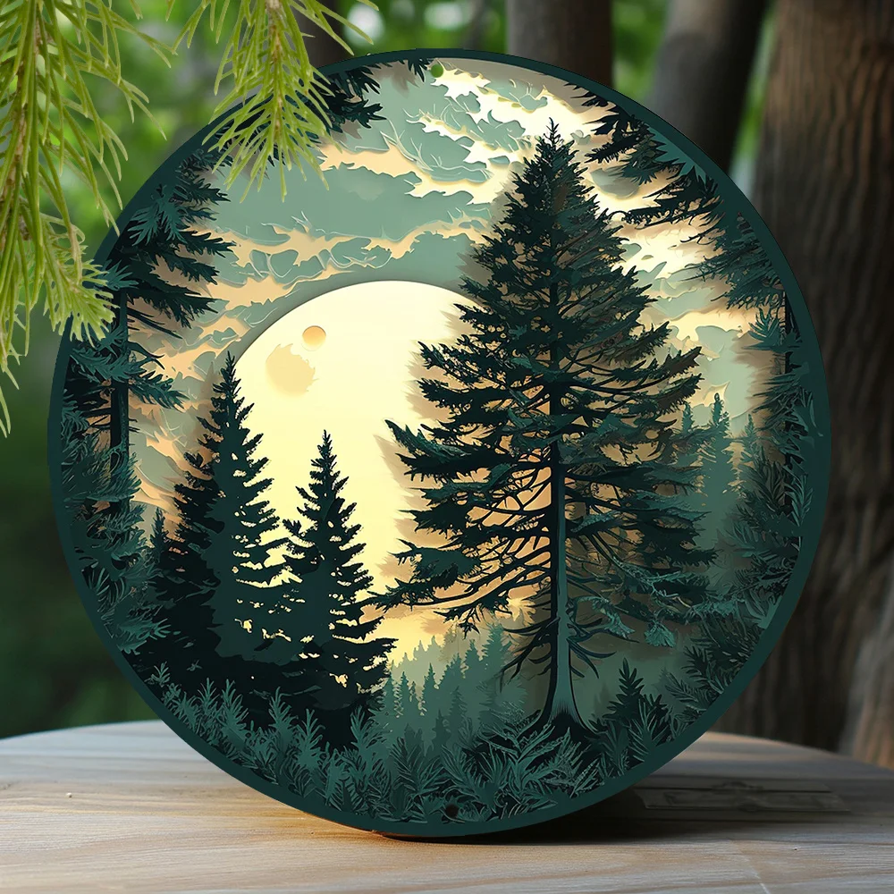 Aluminum Metal Sign Faux Cutout Painting Circular Wreath Sign Garden Decoration Mother's Day Gifts Pine Tree Theme Decoration