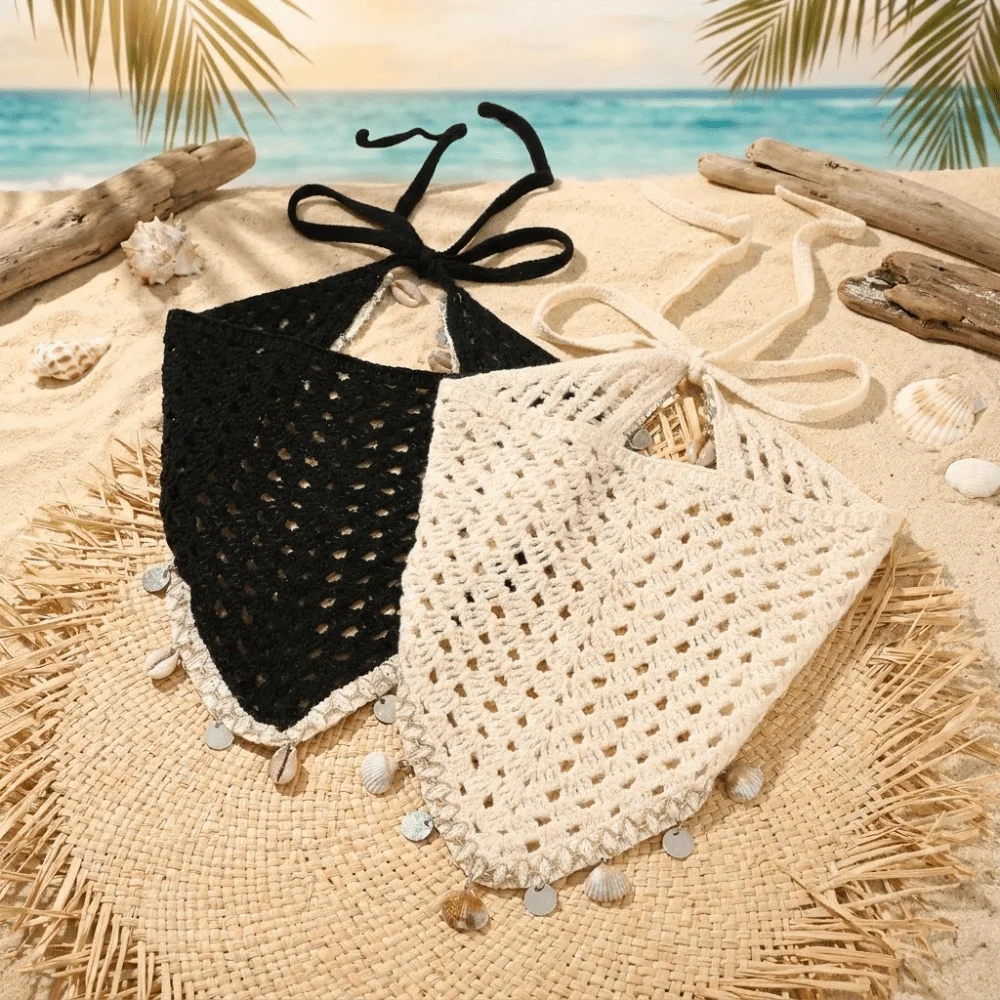Seashell Tassel Triangle Scarf Headband Forest Style Light Luxury Crochet Head Wrap Soft Elegant Hollow Out Headscarf
