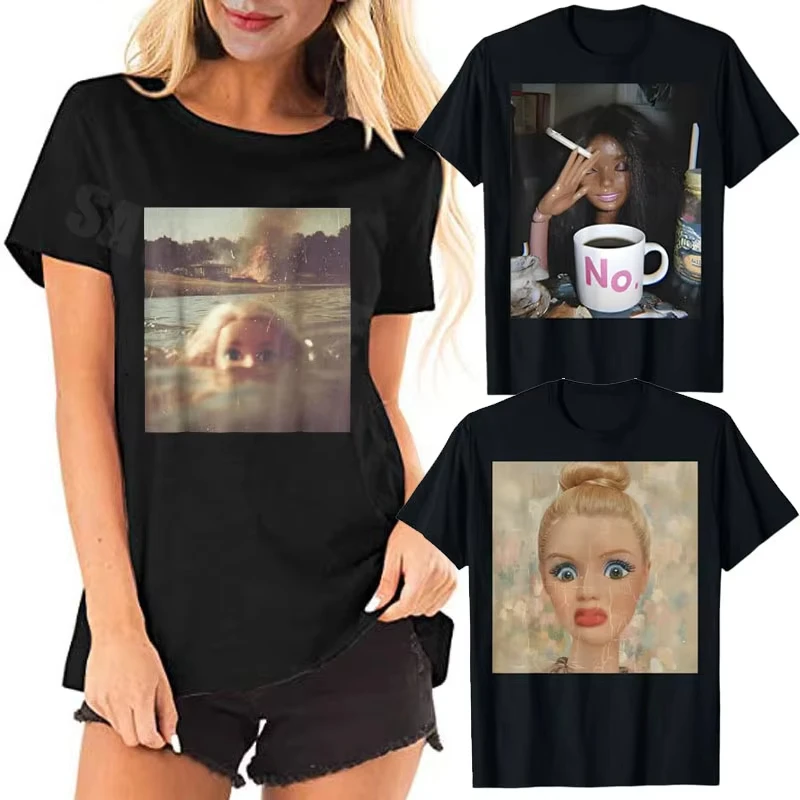 2026 Vintage smoky-eyed doll face coffee-drinking expression pack T-shirt humorous and funny doll face swimwear pattern