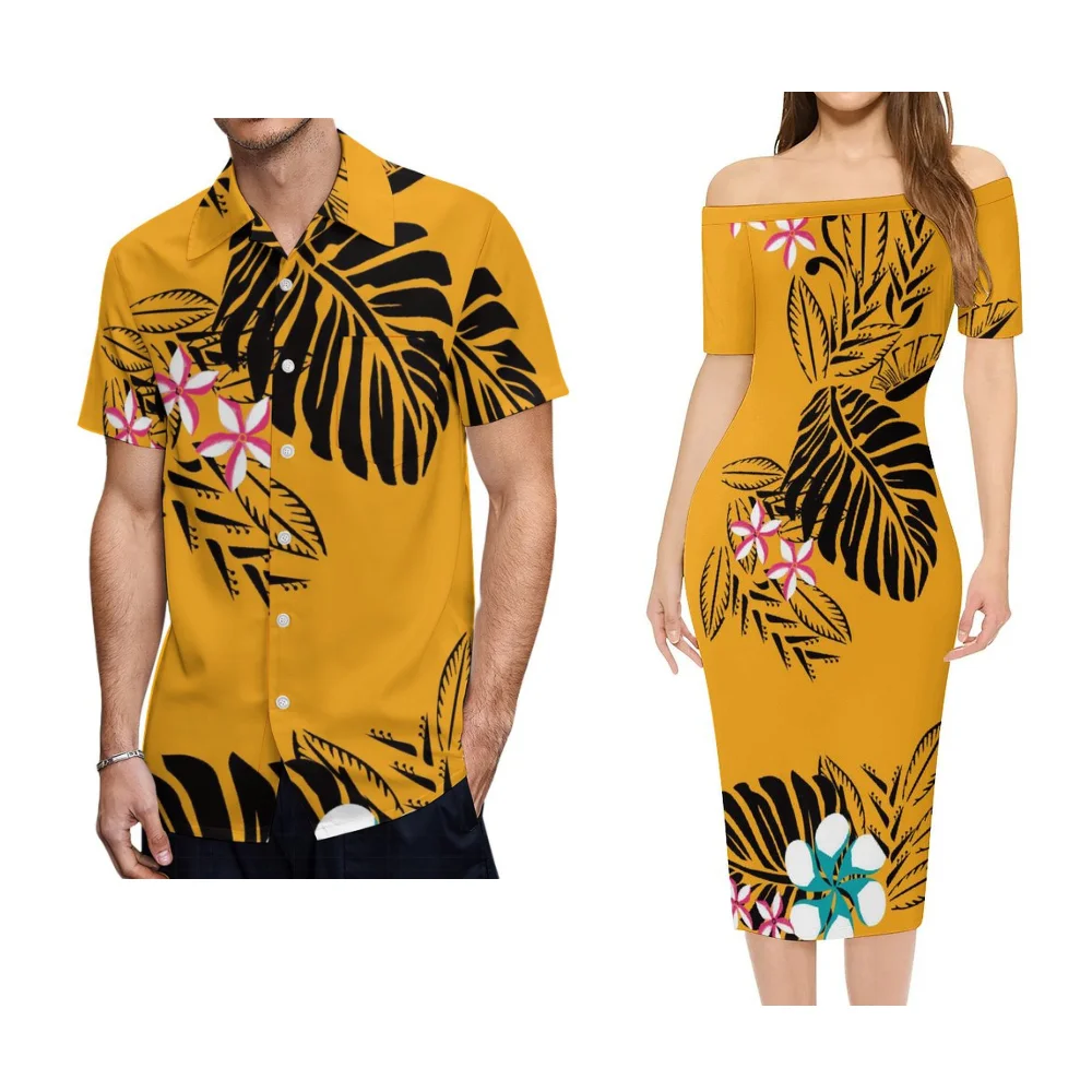 2025 Vestidos populares ajustados con un solo hombro para mujer, ropa polinesia, vestidos de noche de cóctel samoano y camisas para hombre