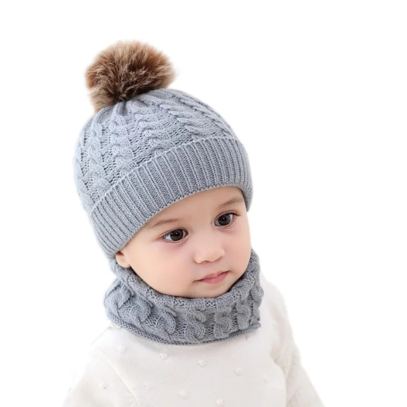 2 in 1 Baby Hat Scarf Set Winter Boys Girls Knitted Snood Scarf Acrylic Pompom Ball Infants Kids Gorros Toddler Ring Neck Warmer