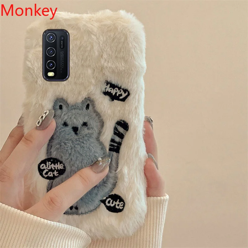 Korean Cute Cat Fur Fluffy Phone Case For VIVO Y35 Y15S Y76 Y33S Y22 Y21 Y20 Y16 Y12A V25 V23 V21 V20 Girl Gift Cover Soft Shell