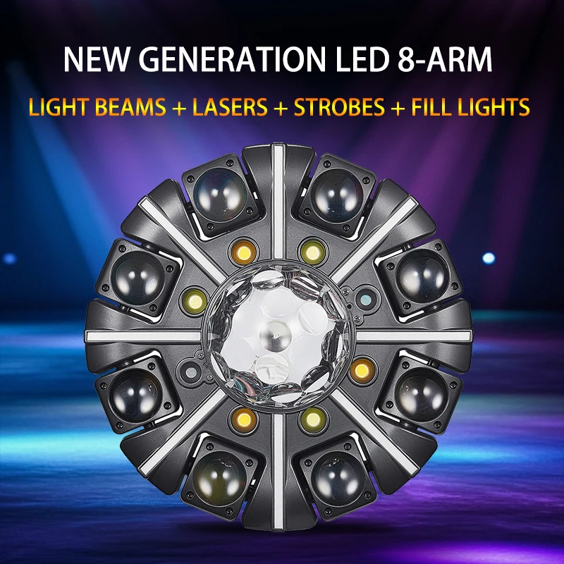 150W 8-Arm Magic Ball RGBW 4-in-1 LED Beam Laser Stage Light with DMX Sound Control CRI 90 1000 Lumens for Disco Parties DJs
