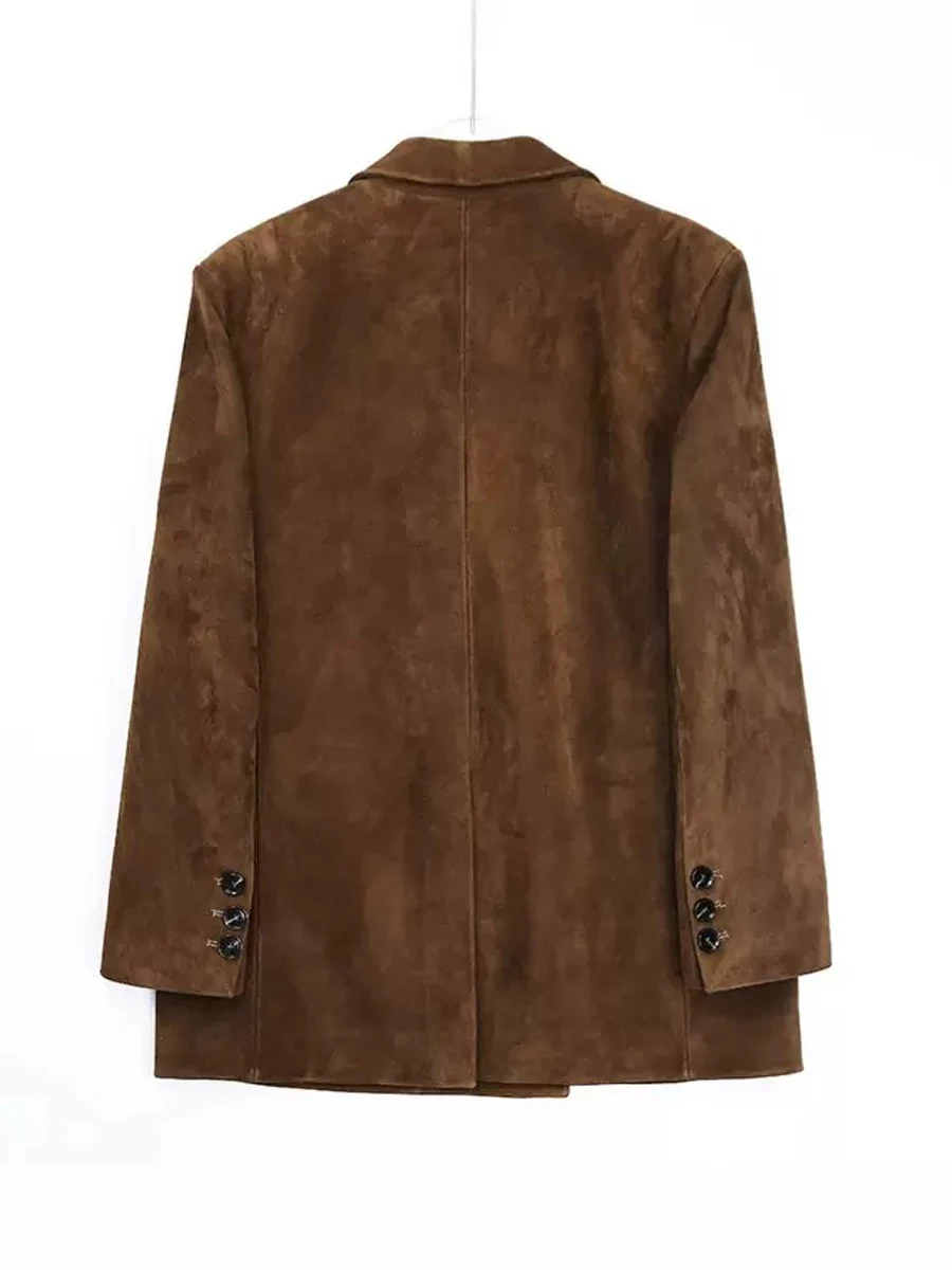 Turn-down Collar High-end Kid Suede Leather Jacket for Women Winter Pockets Slimming Coat Filled With Mulberry Silk Deep Brown