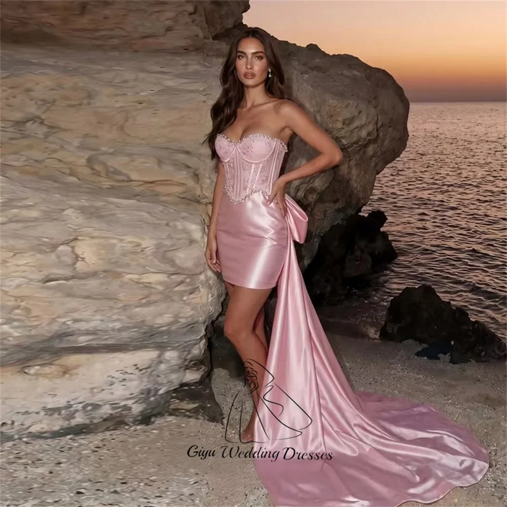Giyu Customized Elegant Sleeveless Prom Dress Sweetheart Short Homecoming Dress Pink Satin Asymmetrical Cocktail Party Gown