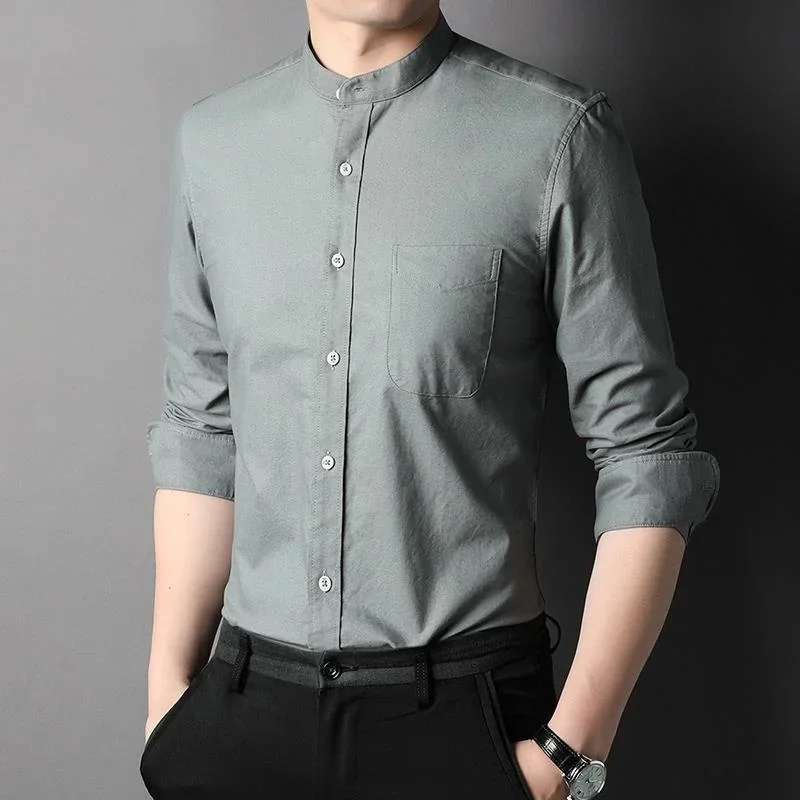 

Top Grade Cotton New Fashion Brand Designer No Collar Slim Fit Mens Shirts Casual Vertical Stripes Long Sleeve Men Clothing