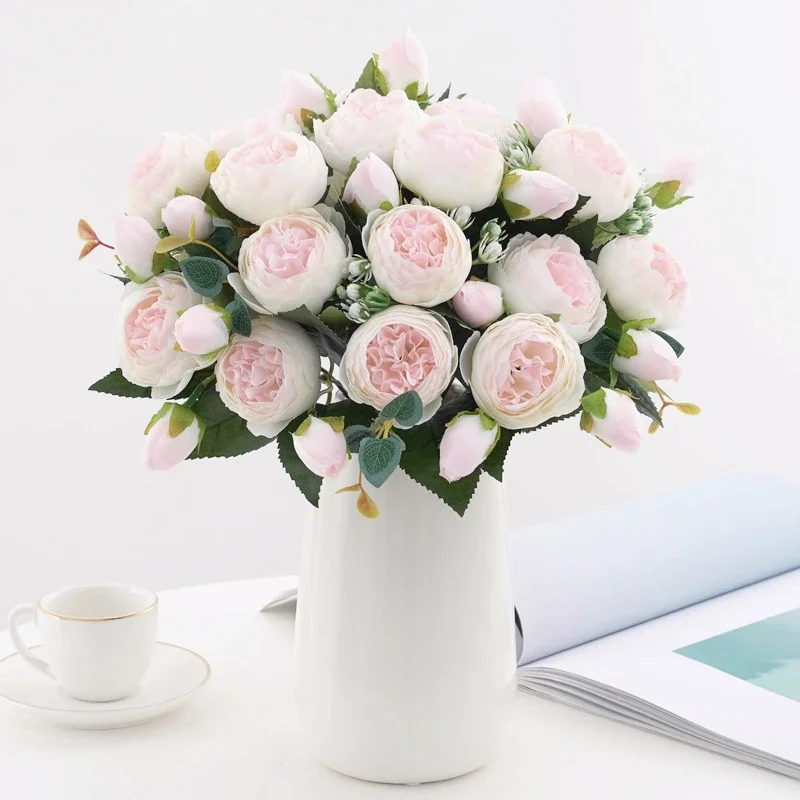 30cm Rose White Peony Artificial Flowers Bouquet 5 Big Head and 4 Bud Cheap Fake Flowers for Home Wedding Decoration Indoor