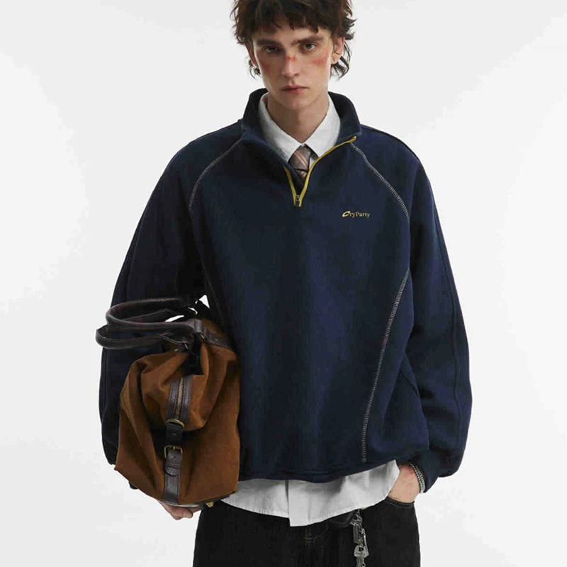 Otoño carta impresa manga larga media cremallera sudaderas hombre Hip Hop moda Patchwork Sudadera Y2K Streetwear pulóver sudaderas con capucha