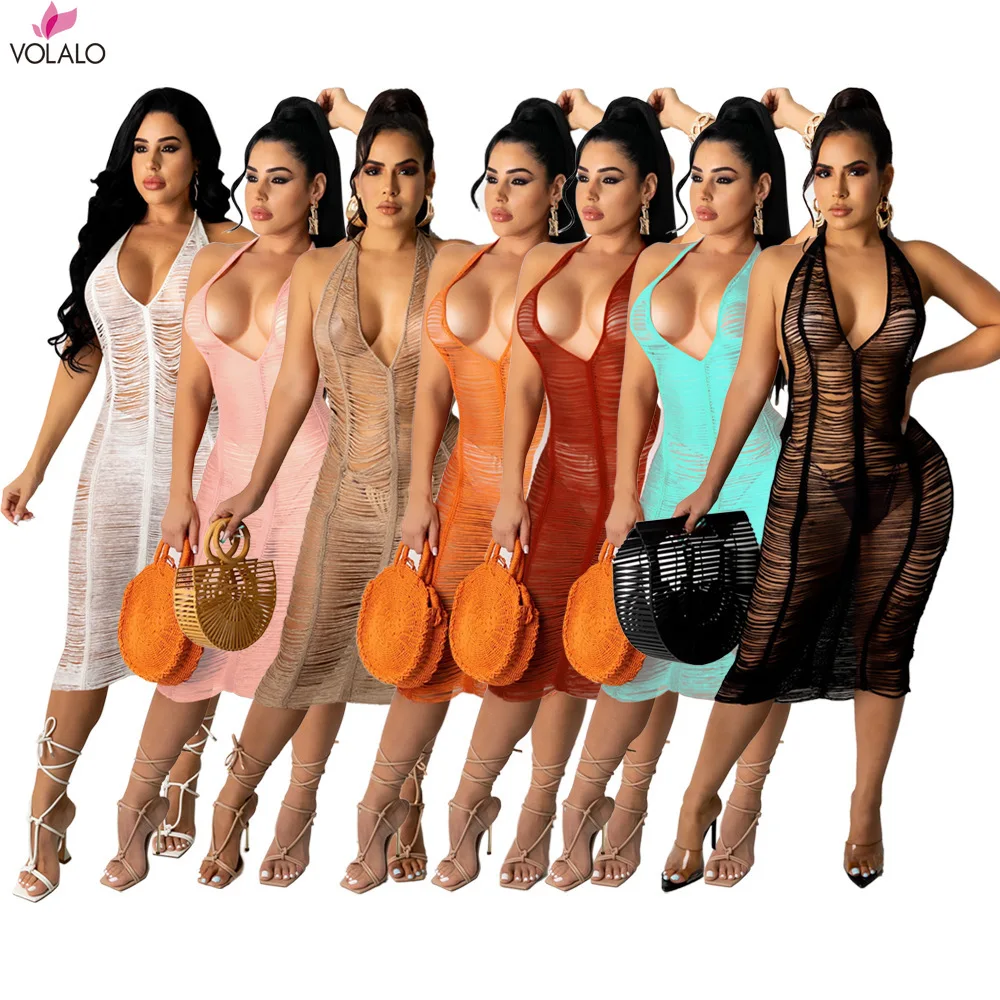 

VOLALO Women Knitted Maxi Beach Dress 2024 Summer Sexy See Through Lace Halter Backless Long Robe Swimsuit Cover Ups Outfits