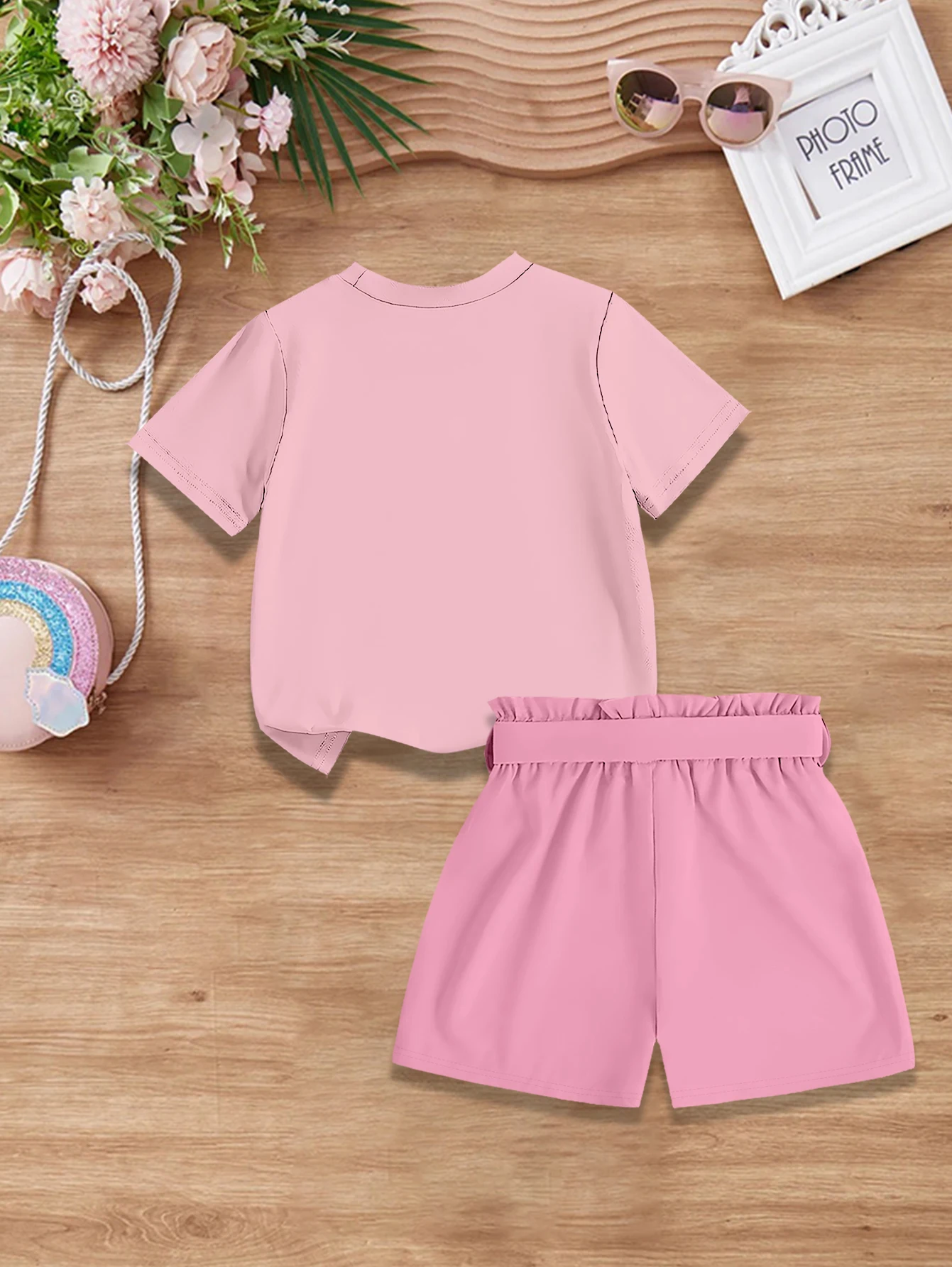 2 pieces: Summer Girls Sweet Cute Outfit Cartoon Daisy Print T-shirt + Woven Bow Shorts