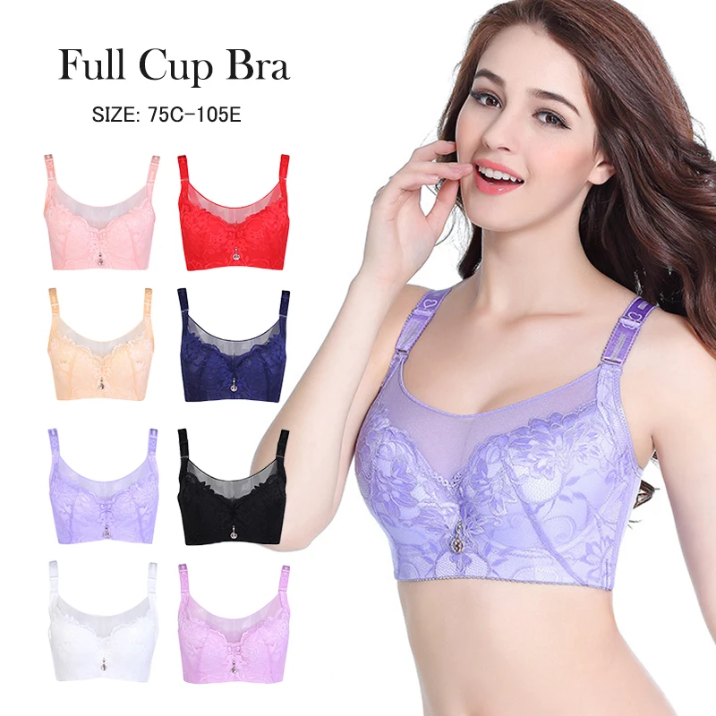 Plus Size Lace Bras Deep V-neckline Underwire Thin Full Cup Bras Adjustable Straps Push Up Bra Women\'s Underwear