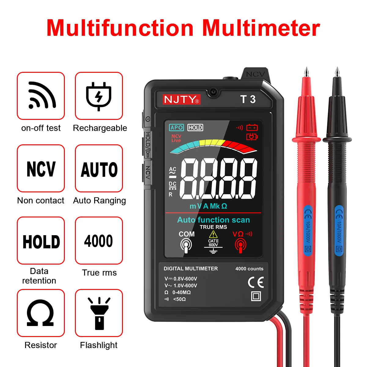 NJTY T3 MINI Smart Digital Multimeter Color Screen USB Rechargeable 4000 Counts Auto Ranging Voltage  Resistance NCV Live Wire