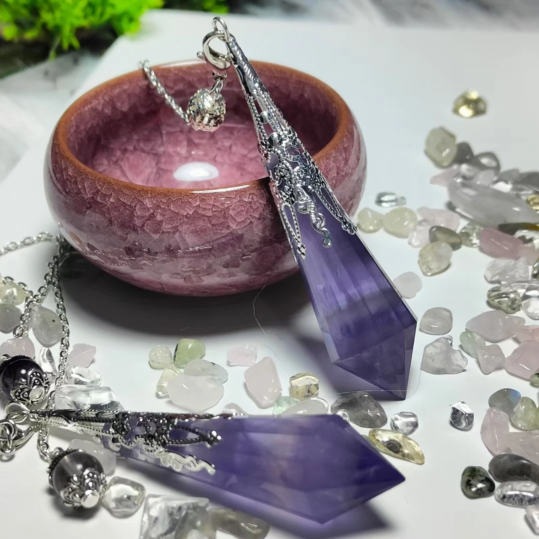 High quality Natural stone pendulum for dowsing quartz Purple crystal pendulos sacred geometry healing crystals pendant 1pcs