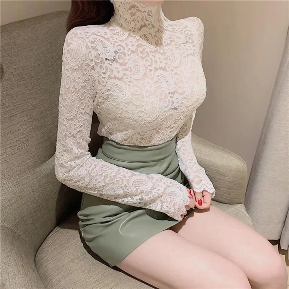 

Turtleneck Long Sleeves Perspective Thin Bottoming Top Women Embroidery Floral Crochet Lace Hollow Pullover Blouse Basic Top