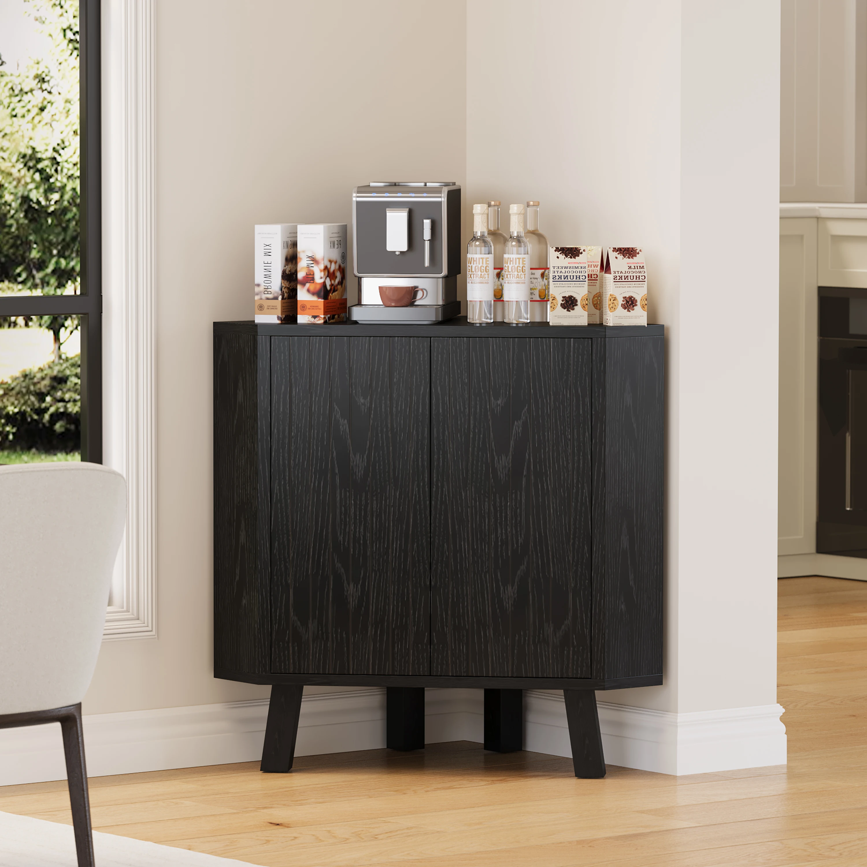 Industrial 3-Tier Fluted Corner Storage Cabinet, Freestanding Triangle Floor Cabinet - Adjustable Shelf - Auto-Bounce Back Doors - Anti-Tip 90° Corner Organizer for Entryway/Bathroom/Kitchen/Living Room