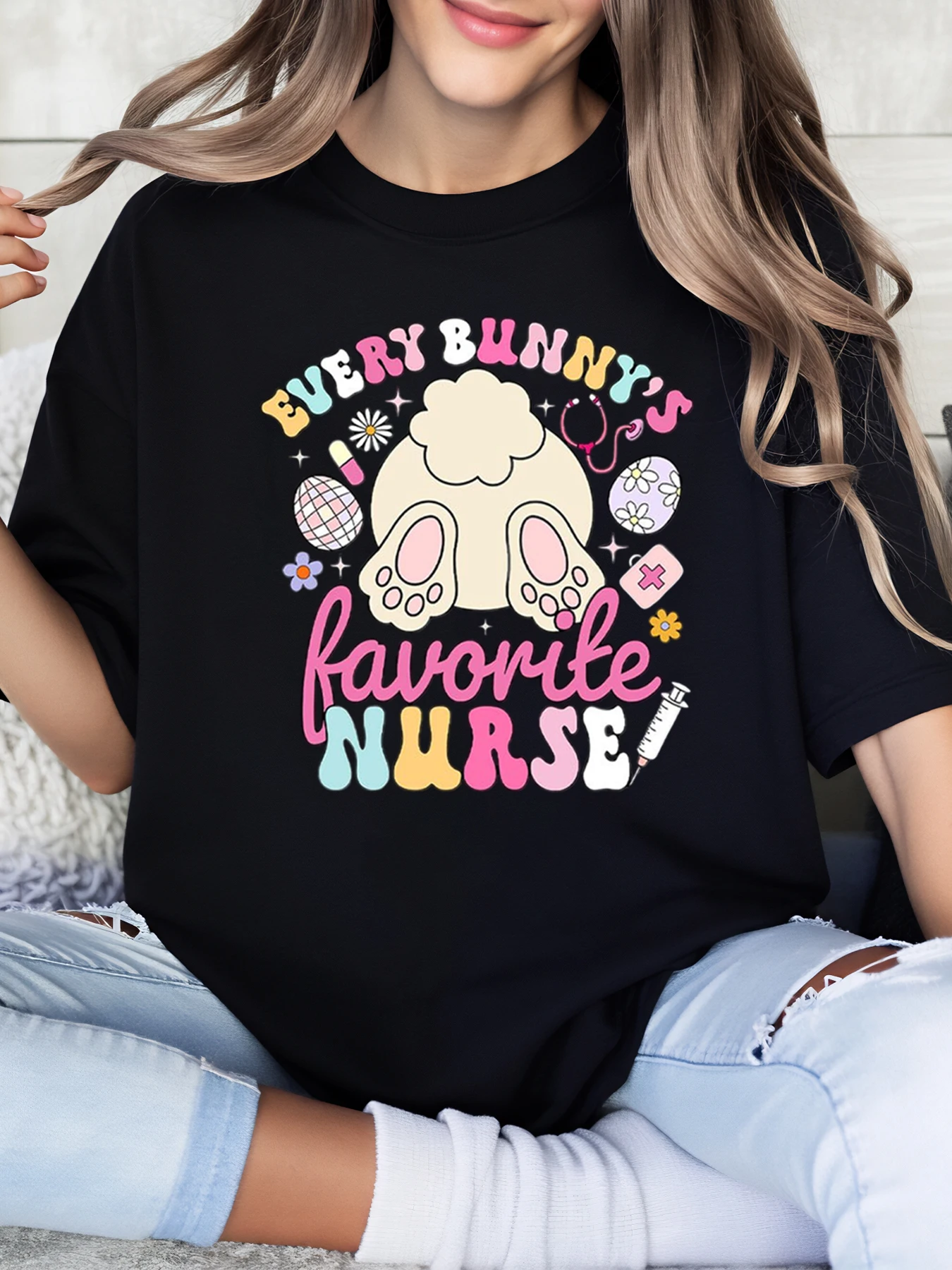 

Every Bunny's Favorite Nurse Easter Print T-Shirt Women's Casual Spring Outfit Black Plus-Size