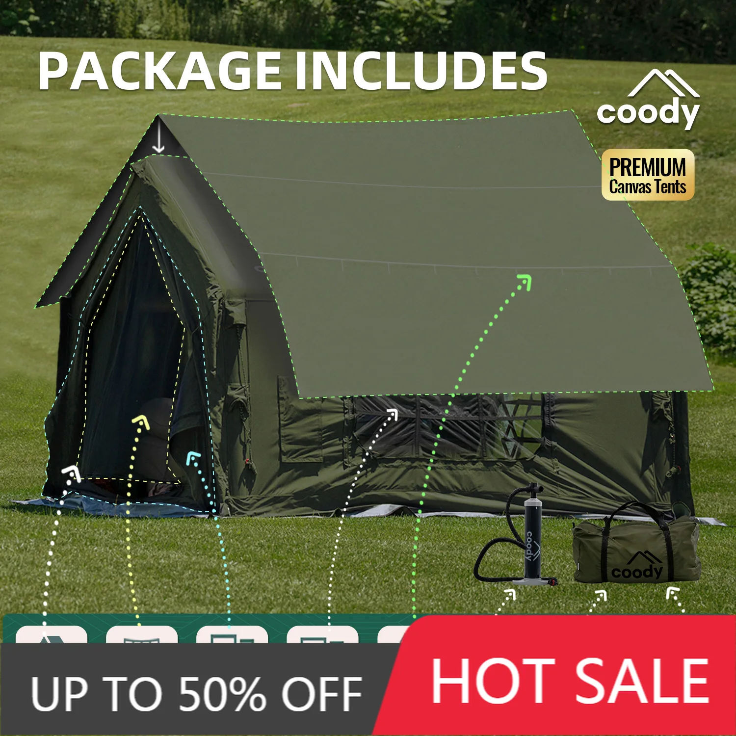 Coody 10.0 Air Tent Army Green Big Cotton Fabric Inflatable Shelter For Family Outdoor Luxury Camping