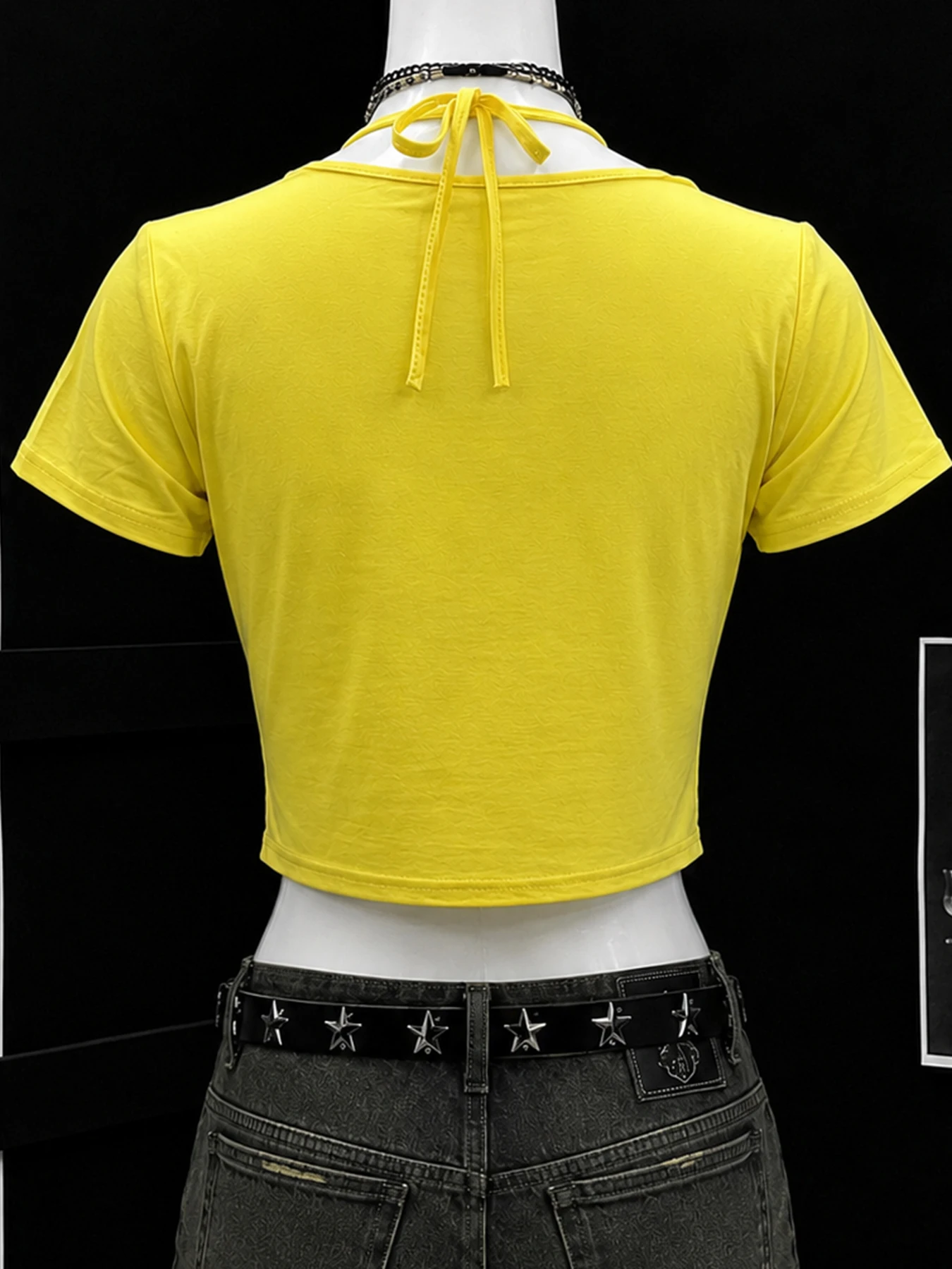 Brazil Yellow Green Fake Two‑Piece Crop Top Women Cut‑Out Waist Lace‑Up Y2K Rave Tee