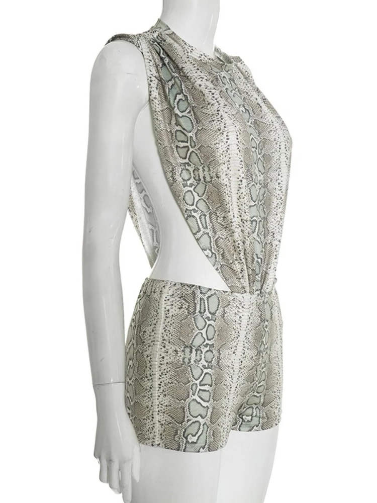 SsTss Snake Print 2 Piece Set for Women Fashion Sexy High Street O Neck Sleeveless Cut Out Side Bodysuit and Skinny Shorts Suits