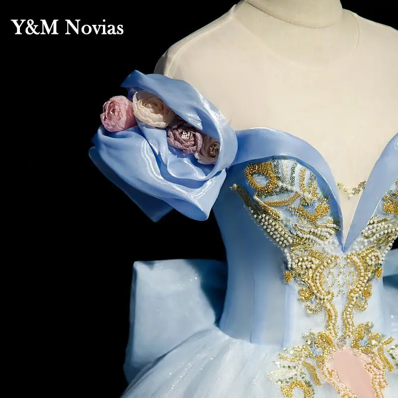 Y & m-vestido de quinceañera azul con lazo para fiesta, traje de baile con Tull brillante, 2020