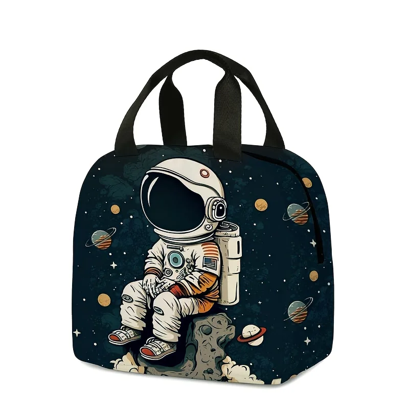 Cartoon Astronaut Print Lunch Bag Cute Space Rocket Planet Pattern Insulated Tote Reusable Cooler Bag Space Lovers