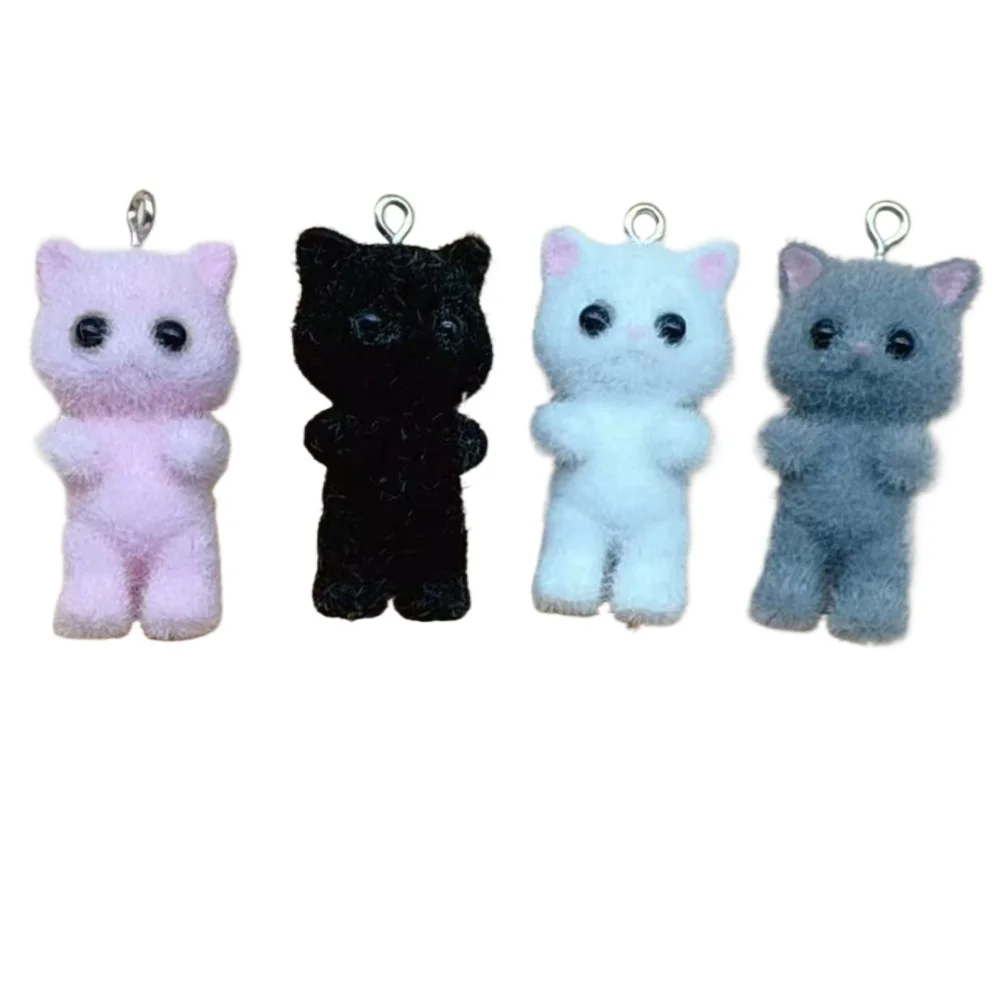 

4pcs/set Kawaii 3D Fluffy Flocking Resin Cat Animal Charms Pendant Colorful Keychain Necklace Pendant DIY action figure Toys