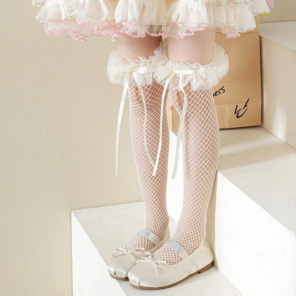 New Hollow Out Leg Covers Lolita Mesh Middle Tube Socks Breathable Bow Lace Pile Sock Stage Performance